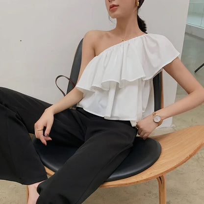 FibrBlouses-Haut Court pour Femme, Plis Solides, Col Incliné, Slim, Fin, Style Français, Design Doux, Classique, Sexy, Nouveau, Été