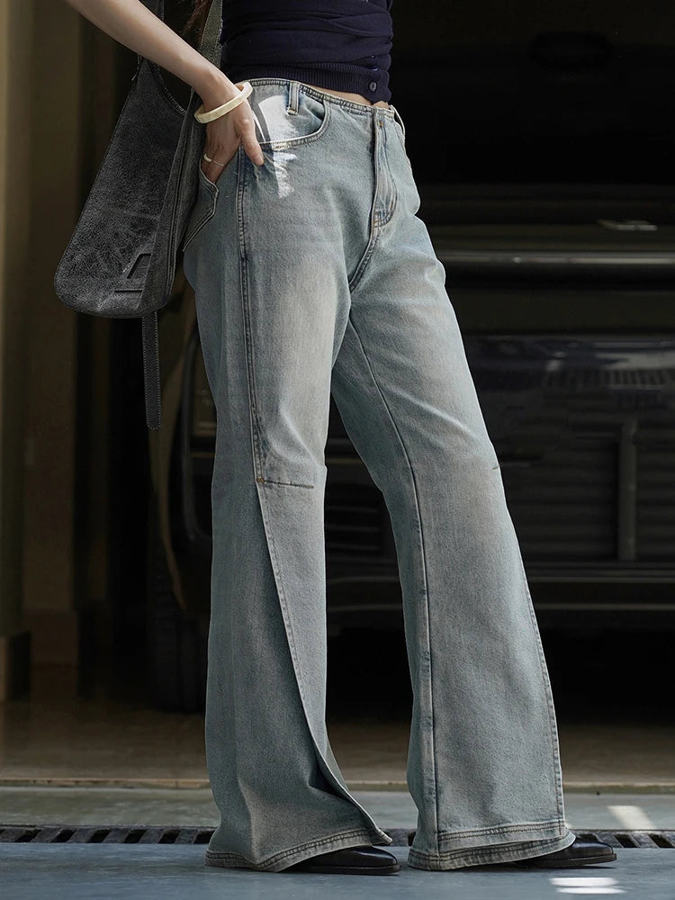 [EAM] taille haute bleu Denim fente irrégulière Vintage Long Flare jean nouvelles femmes pantalons mode marée printemps automne 2025 1DJ2961