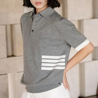 2025 été nouvelle mode rayé col rabattu T-shirt tricoté à manches courtes Vintage décontracté à manches courtes haut pulls