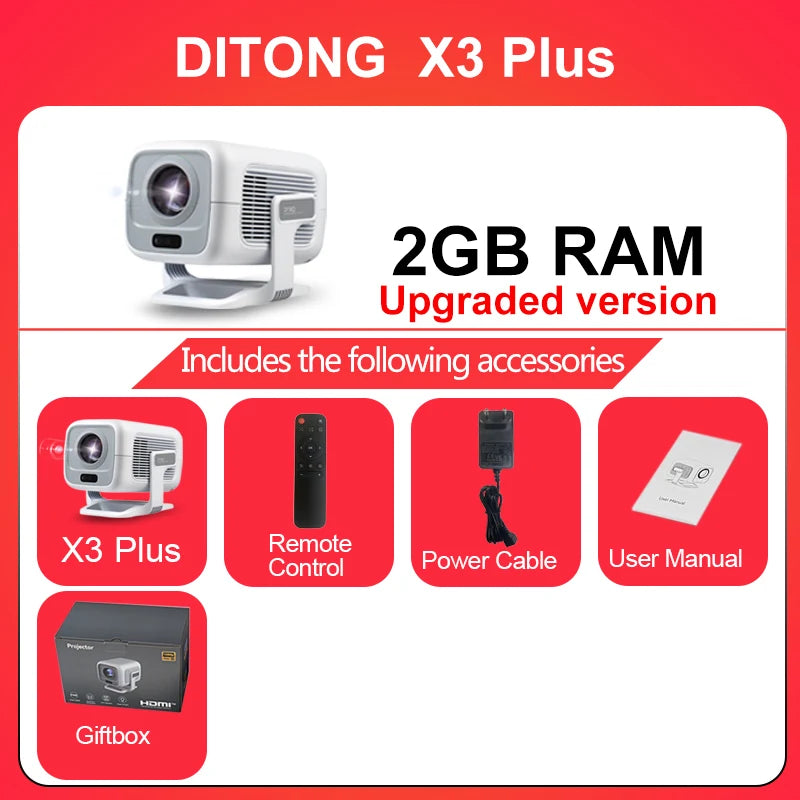 DITONG X3Plus HD projecteur natif 1080P prise en charge 4K WIFI6 BT5.4 projecteur Android mise au point automatique auto-keystone projecteur de cinéma maison