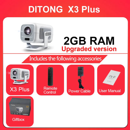 DITONG X3Plus HD projecteur natif 1080P prise en charge 4K WIFI6 BT5.4 projecteur Android mise au point automatique auto-keystone projecteur de cinéma maison