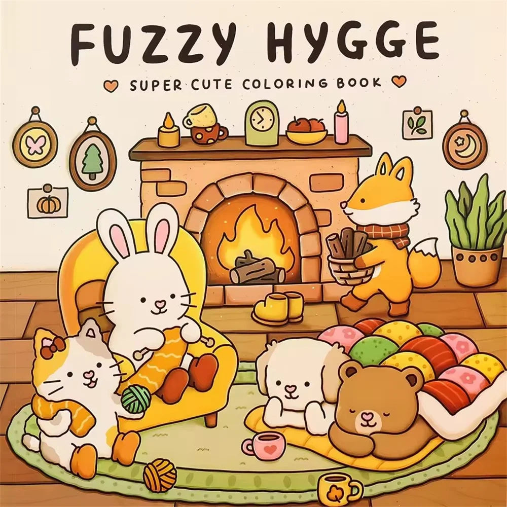 FUZZY FRIENDS Livre de coloriage mignon et confortable pour adultes et adolescents avec des créatures adorables dans des moments Hygge confortables pour la relaxation