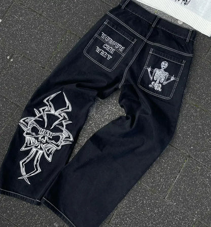 Pantalon Patch populaire avec motif d'épine imprimé, jean déchiré gothique Harajuku pour hommes et femmes, pantalon de rue taille haute Y2k à jambes larges
