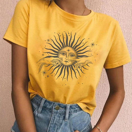 T-shirt à manches courtes pour femmes, style Boho, vintage, mains de soleil imprimées, été décontracté, hipster, mignon, esthétique, STRATravelling Y-