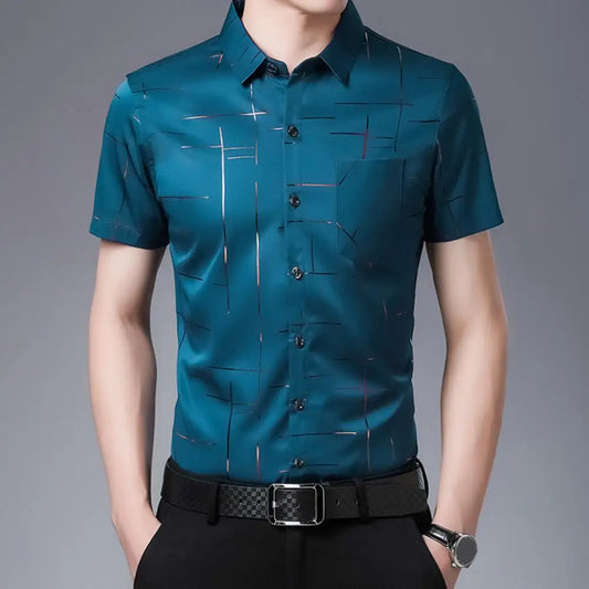 Chemise Soyeuse à Manches Courtes pour Homme, Tenue d'Affaires, Col Rabattu, Décontractée