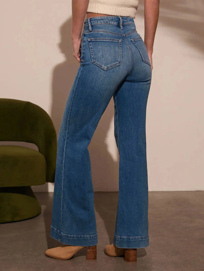 Jean droit taille haute bleu foncé pour femme, coupe cintrée, version jambes larges, tissu denim extensible, jean intellectuel élégant, nouvelle collection automne