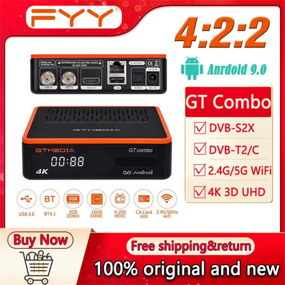 4K Ultra HD TV Box GTMEDIA GTCOMBO Android 9.0 + DVB-S2X/T2/C/ATSC-C(J.83B)/ISDBT Decoder Satellite Receiver Tuner Receiver H.265