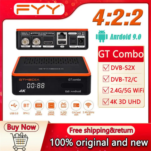 4K Ultra HD TV Box GTMEDIA GTCOMBO Android 9.0 + DVB-S2X/T2/C/ATSC-C(J.83B)/ISDBT Decoder Satellite Receiver Tuner Receiver H.265
