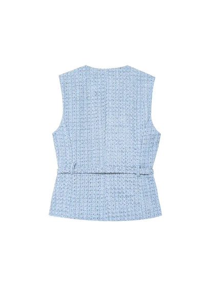 TRAFNLZGMSJ 2025 printemps femmes gilet haut à la mode avec ceinture coupe ajustée sans manches veste haut pour femmes Texture gilet haut nouveau