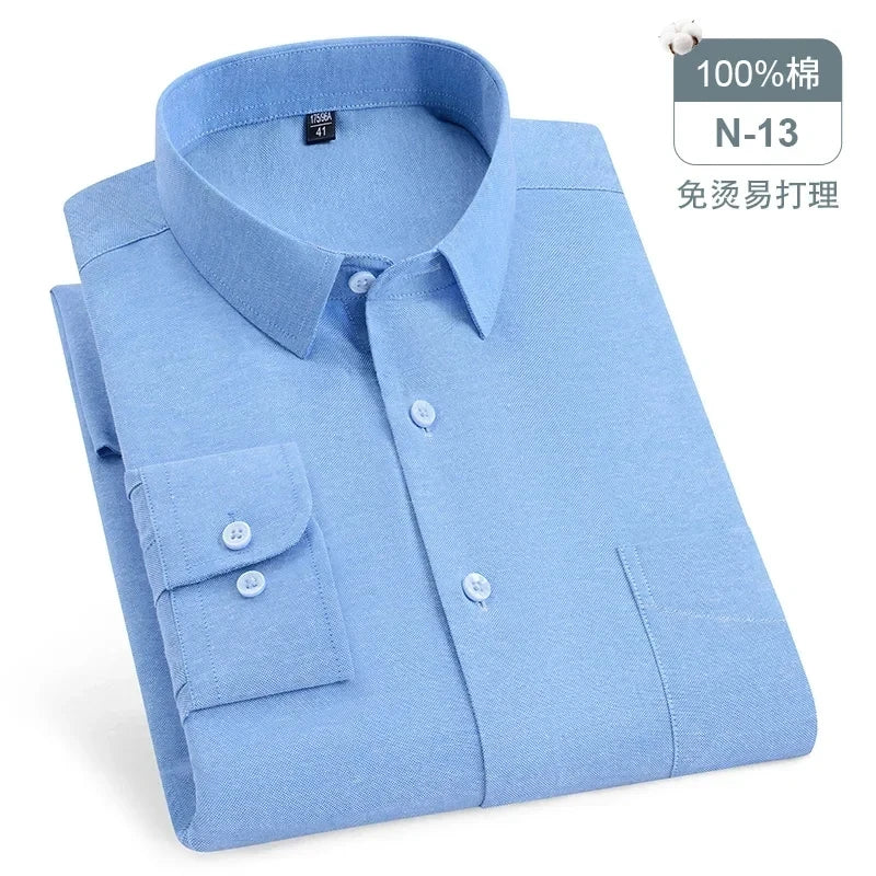 Chemise Oxford rayée à carreaux pour hommes, chemise sociale à manches longues, chemises de travail décontractées, poche, pur coton, qualité, S- 7XL, 8XL, 100%