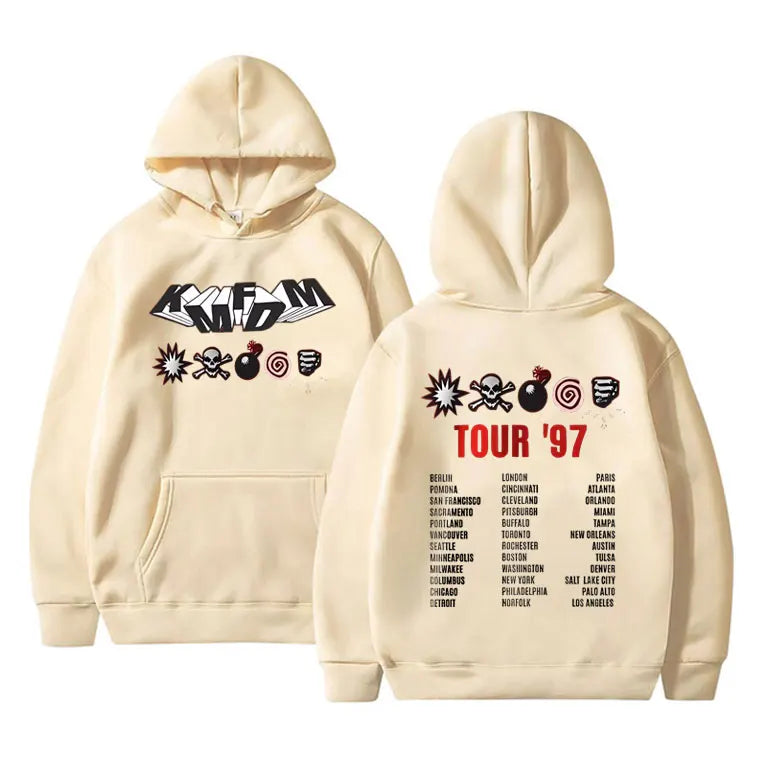 Kmfdm Tour 97 Graphic Hoodie pour hommes et femmes, Rock Band Vintage Gothic Punk Pullover Hoodies, Unsiex Casual Smile Cotton Sweatshirt