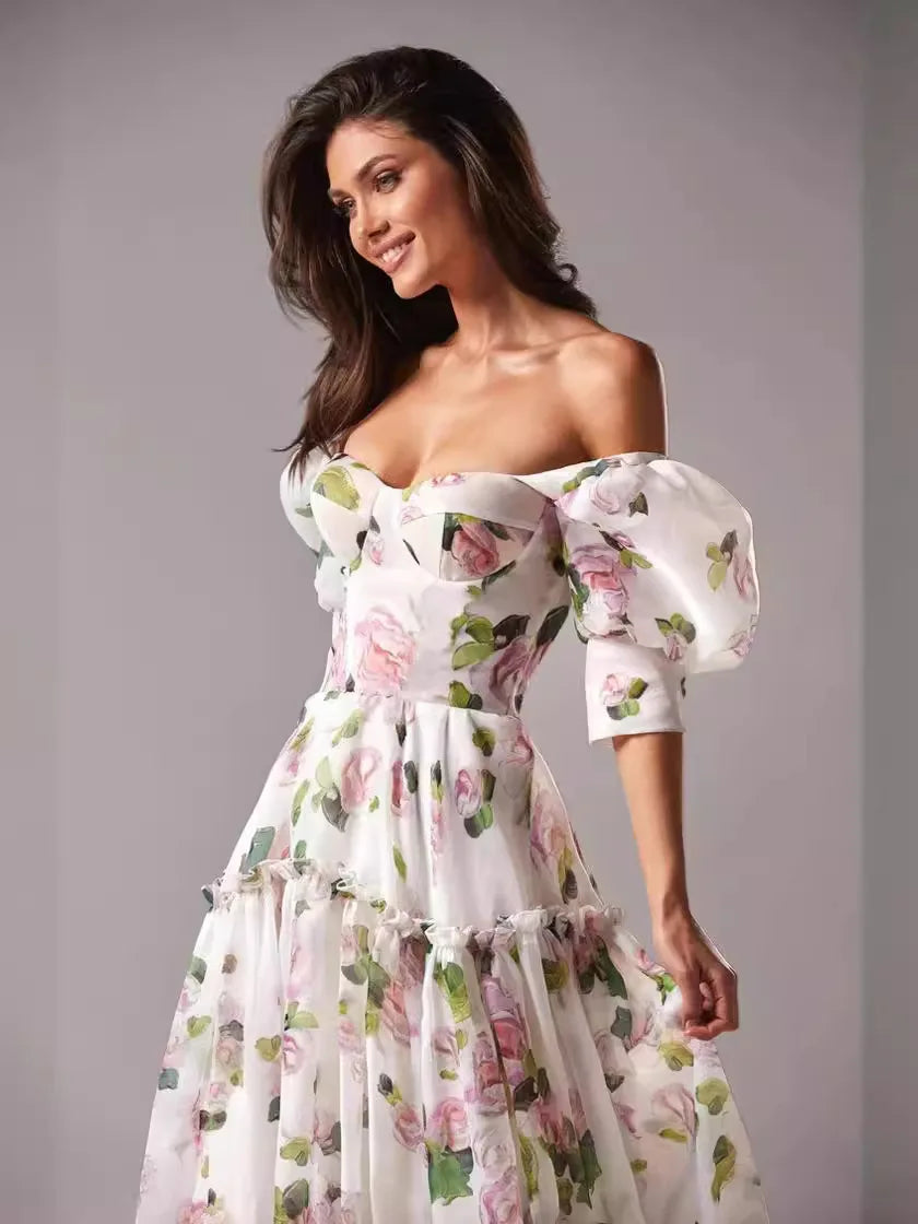Robe de soirée élégante à imprimé floral pour femmes, charmante robe trapèze, col bateau, manches courtes, robe de Rh, quelle que soit