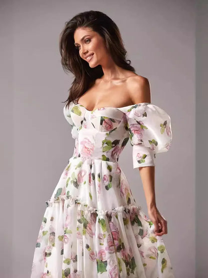 Robe de soirée élégante à imprimé floral pour femmes, charmante robe trapèze, col bateau, manches courtes, robe de Rh, quelle que soit