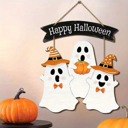 Panneau suspendu en bois pour Halloween |   Décor festif multicolore avec fantômes en costumes et motif citrouille |   Art mural de style bohème