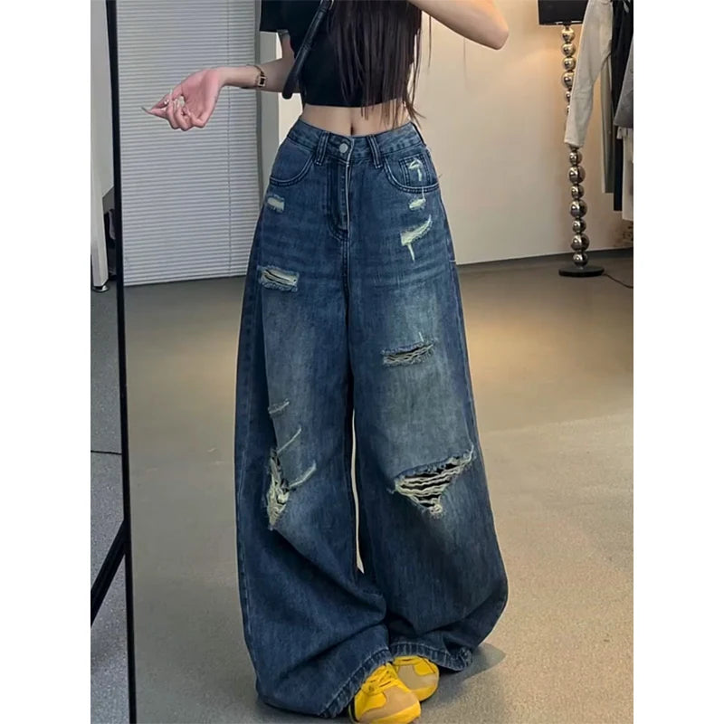 Jean en Denim délavé rétro américain pour femmes, Design ample, jambes larges, bleu noirci, Style Hip Hop