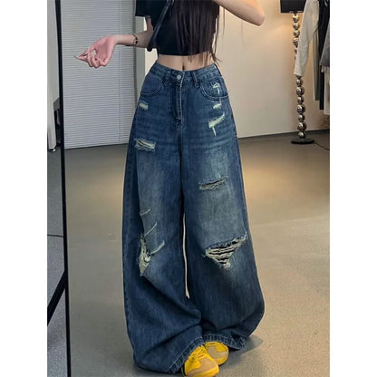 Jean en Denim délavé rétro américain pour femmes, Design ample, jambes larges, bleu noirci, Style Hip Hop