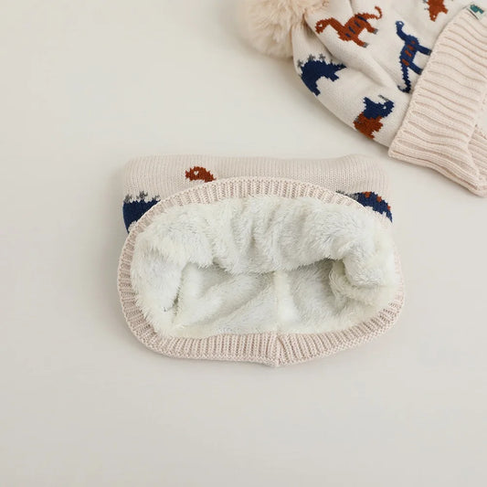 Bonnet tricoté petit dinosaure pour enfants de 2 pièces à 12 ans, ensemble écharpe de chapeau chaud de protection des oreilles pour enfants, chapeau d'automne et d'hiver