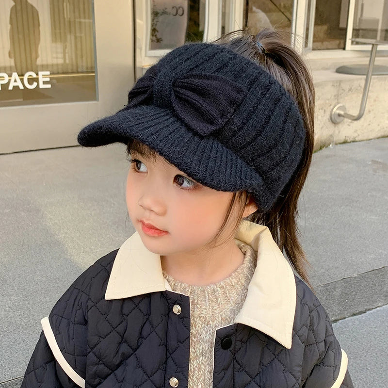 Chapeau en laine pour Protection des oreilles, haut vide, avec nœud pour bébé fille, tricoté en bec de canard, pour enfants de 3 à 10 ans, couvre-oreilles chauds d'hiver, bonnets pour enfants