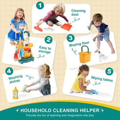 12 pièces/ensemble ensemble de nettoyage pour enfants jouets de nettoyage de vie simulée avec chariot à main semblant jouer hygiène nettoyage maison de jeu jouet garçons et filles