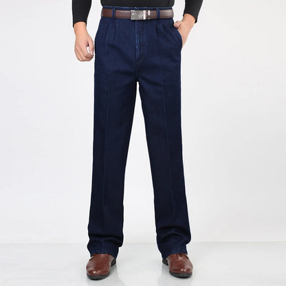 Jean en Denim taille haute pour hommes Double plissé automne printemps classique droit bleu jean hommes décontracté Broeken taille 30- 42 44 46