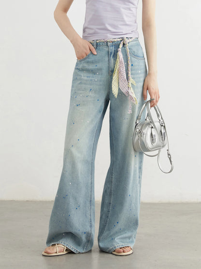 CHIC VEN femmes Denim pantalon décontracté nouveau taille haute Original éclaboussé encre point jambe droite jean jambe large pantalon été 2025