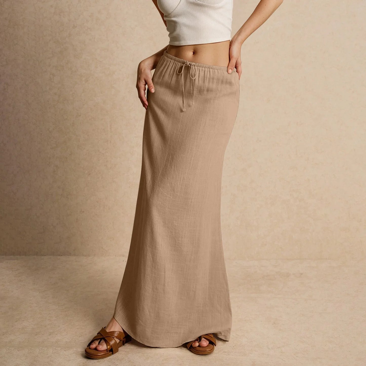 Jupe longue d'été pour femmes, cordon de serrage, taille basse, ligne A, jupe décontractée, taille haute élastique, moulante, longue, jupes pour femmes
