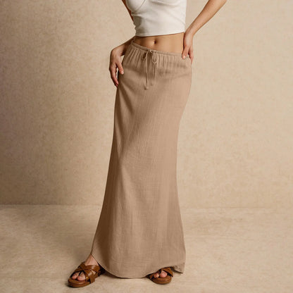 Jupe longue d'été pour femmes, cordon de serrage, taille basse, ligne A, jupe décontractée, taille haute élastique, moulante, longue, jupes pour femmes