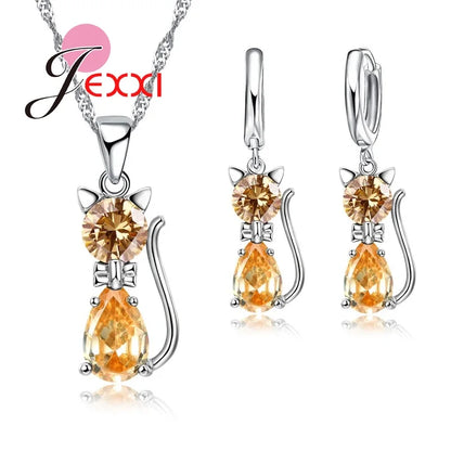Ensembles de bijoux en argent pour femmes, livraison rapide, fiançailles romantiques, chat mignon, collier, boucles d'oreilles avec cristal autrichien