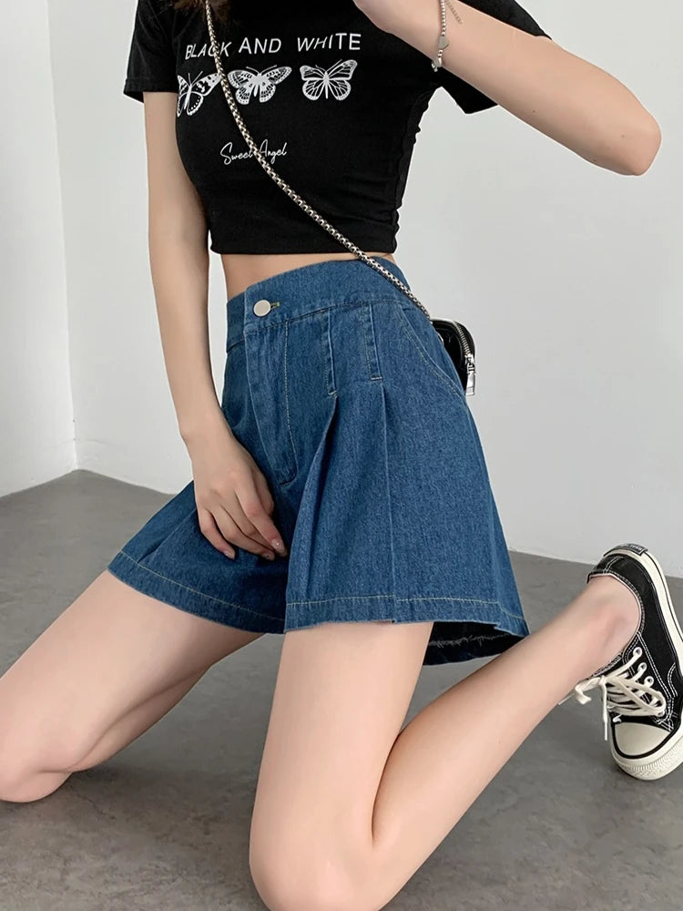 Short en Denim ample pour femmes, taille haute plissée, Mini court, ligne A, jambes larges, décontracté, été, 2025, Y2k