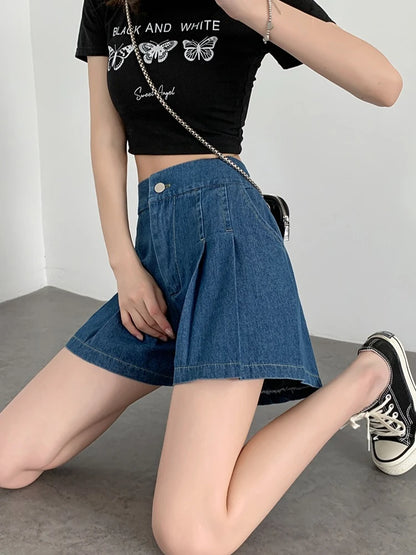 Short en Denim ample pour femmes, taille haute plissée, Mini court, ligne A, jambes larges, décontracté, été, 2025, Y2k