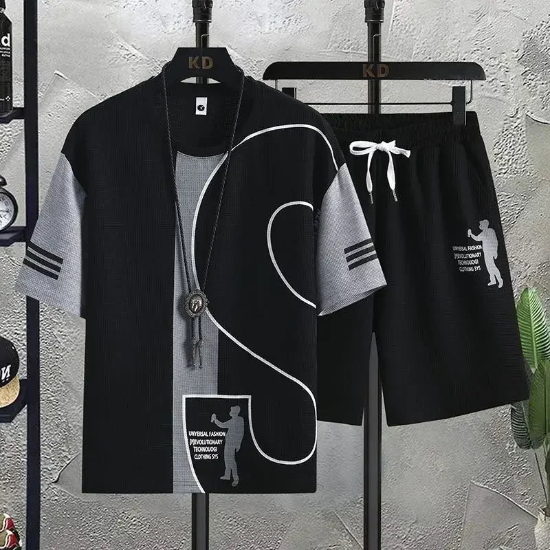 Ensemble de T-shirt et Short de dehors pour Homme, Vêtement de Travail Imprimé, Gaufré, Tenue 2 Pièces, Coupe Régulière Basique