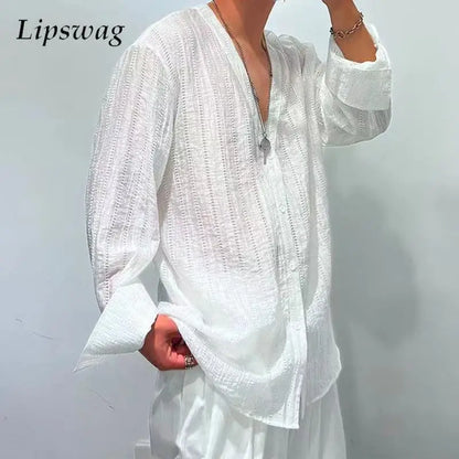 Chemise en maille transparente à col en V pour hommes, chemise à manches longues, chemise boutonnée en dentelle pure, chemises streetwear sexy, printemps, Y-2024