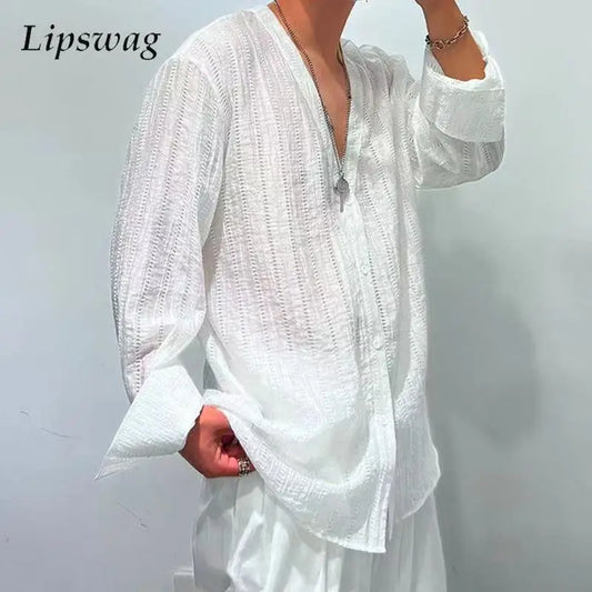 Chemise en maille transparente à col en V pour hommes, chemise à manches longues, chemise boutonnée en dentelle pure, chemises streetwear sexy, printemps, Y-2024