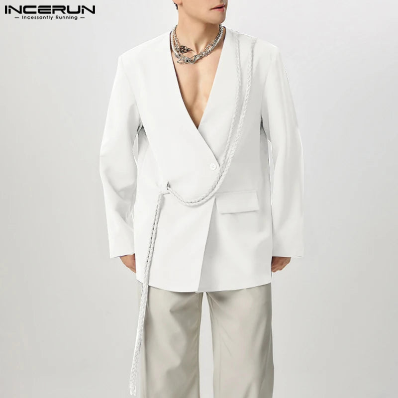 INCERUN hommes décontracté à manches longues Blazer 2025 beaux costumes de couleur unie élégant gland Streetwear mâle mince manteaux
