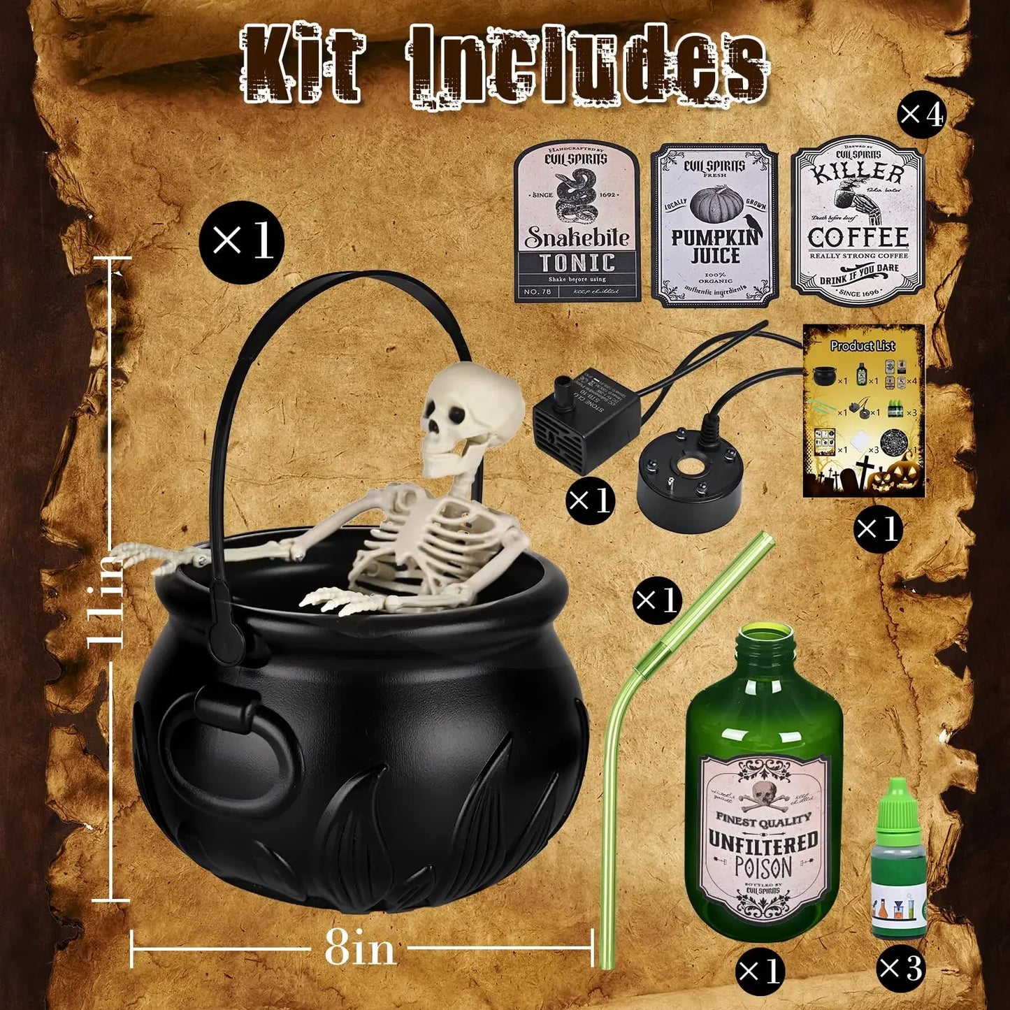 Cauldron de sorcière d'Halloween avec lumière LED et brumisateur de brouillard, décor de squelette pour fête effrayante Hocus Pocus, maison, fête d'Halloween