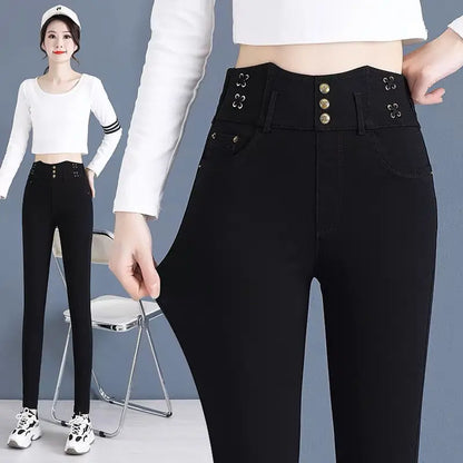 Jean taille haute élastique coréen avec peluche arctique, pantalon crayon droit noir mince, bouton solide, fermeture éclair, mode automne et hiver, nouveau