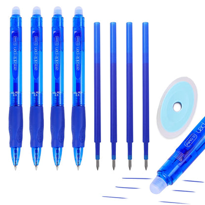 Stylos à Gel effaçables à pression noir et bleu, 0.5mm + 4 recharges + 1 stylo en caoutchouc