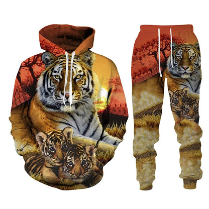 Ensemble de survêtement imprimé tigre animal 3D pour hommes, sweat à capuche et pantalon décontractés, streetwear à la mode, vêtements trempés, automne, hiver, 2 pièces