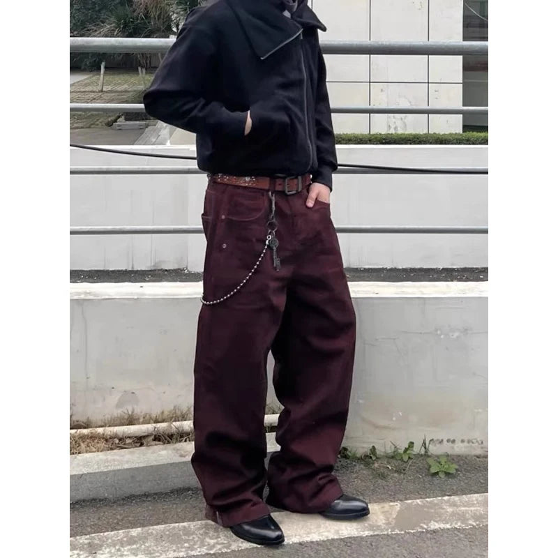 Jean Baggy rouge foncé pour hommes, pantalon de Cowboy Vintage, Harajuku, Streetwear esthétique, pantalon en Denim, vêtements de Style Y2k des années 2000, 2025