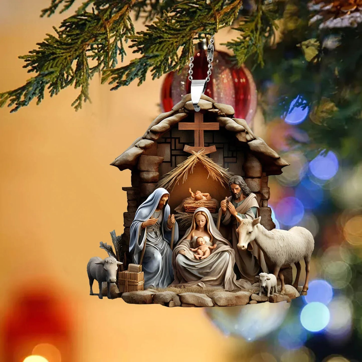 Pendentif arbre de noël jésus, ornement, scène de prière familiale, pendentif de voiture de couleur vive, décorations pour la maison