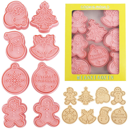 Emporte-pièces de noël, 8 pièces, Design de renne 3d, timbres à biscuits, outils de cuisson de flocons de neige, moules à biscuits en gaufrage