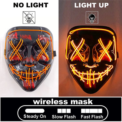 Masque d'horreur lettre V d'halloween et gants colorés, masque lumineux effrayant sans fil pour hommes et femmes, fournitures de costumes de fête de Festival