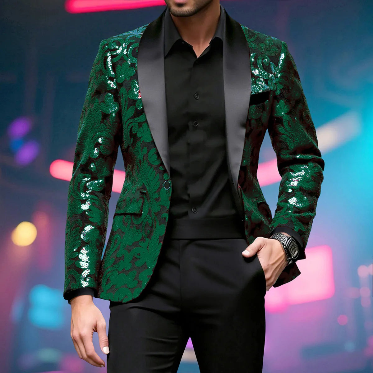 Vêtements d'extérieur pour performance sur scène à bouton unique orné de paillettes brillantes en bleu or vert violet Options pour veste de costume rouge pour hommes