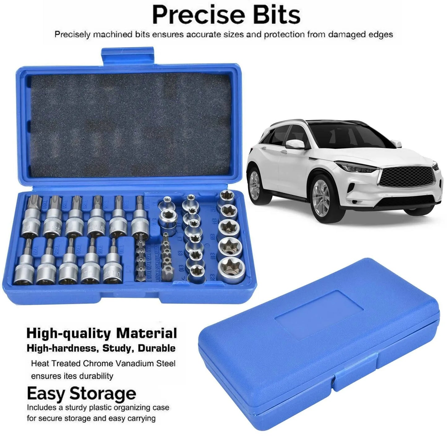 Kit automobile de douilles de réparation chromées, 34 pièces, entraînement mâle femelle Torx couple Tork Star Bit