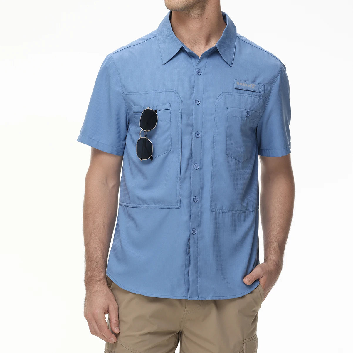 Chemises de pêche à manches courtes UPF 50+ pour hommes Protection solaire Chemise de travail de randonnée respirante Chemise boutonnée décontractée avec poche