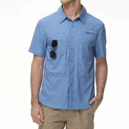 Chemises de pêche à manches courtes UPF 50+ pour hommes Protection solaire Chemise de travail de randonnée respirante Chemise boutonnée décontractée avec poche