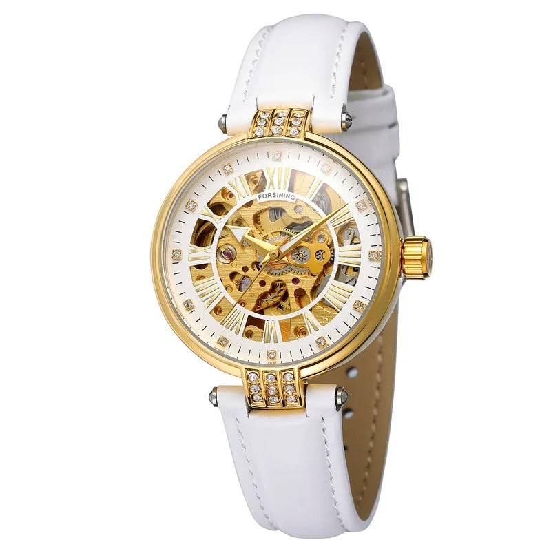 FORSINING-Montre mécanique automatique pour femme, blanc, doré, module, montre-bracelet, mode, business