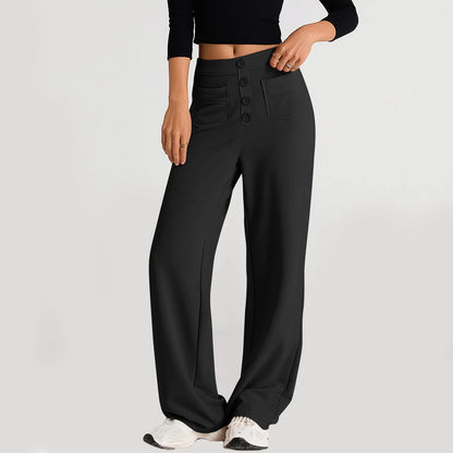 Pantalon à jambes droites pour femmes, classique, Simple, solide, taille haute, mode, poches à boutons, taille élastique, décontracté, nouvelle collection