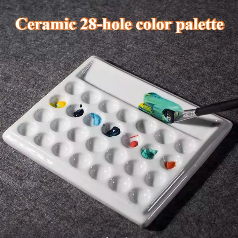 Palette de couleurs en céramique blanc pur à 28 trous, carrée et facile à nettoyer, peinture chinoise/aquarelle/palette, outil de peinture artistique pour étudiants