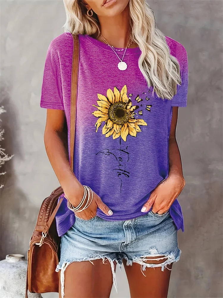 T-shirt col rond femme imprimé pissenlit mode de rue urbaine T-shirt ample femme quotidien décontracté élégant haut à manches courtes